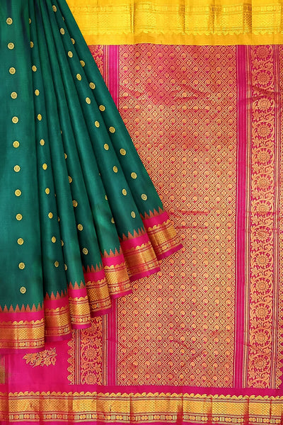 Handwoven Gadwal pure silk saree in bottle green  with small motifs