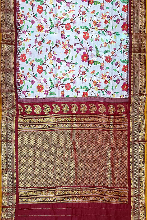 Handwoven Gadwal pure silk floral printed saree in lavender  .