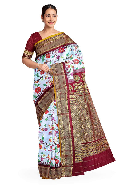 Handwoven Gadwal pure silk floral printed saree in lavender  .