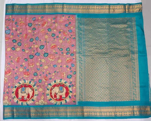 Gadwal  pure silk  floral printed  pink saree with lotus vines