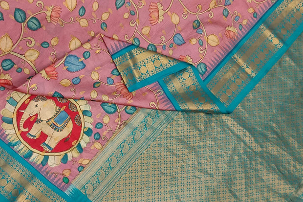 Gadwal  pure silk  floral printed  pink saree with lotus vines