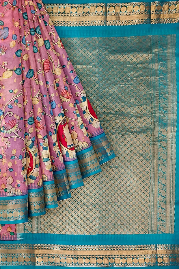 Gadwal  pure silk  floral printed  pink saree with lotus vines