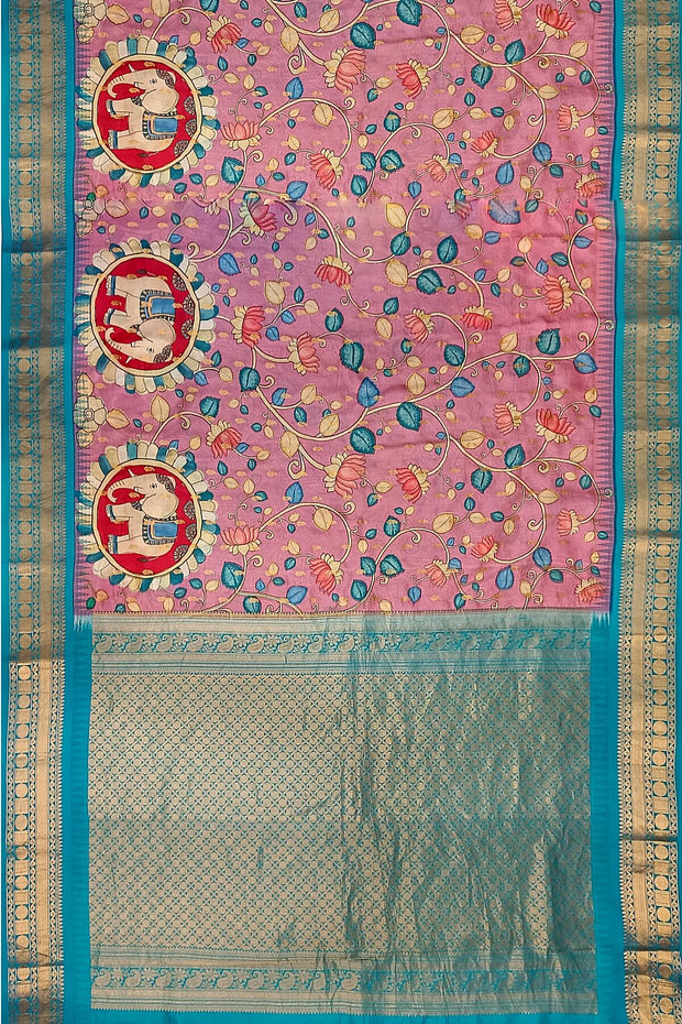 Gadwal  pure silk  floral printed  pink saree with lotus vines