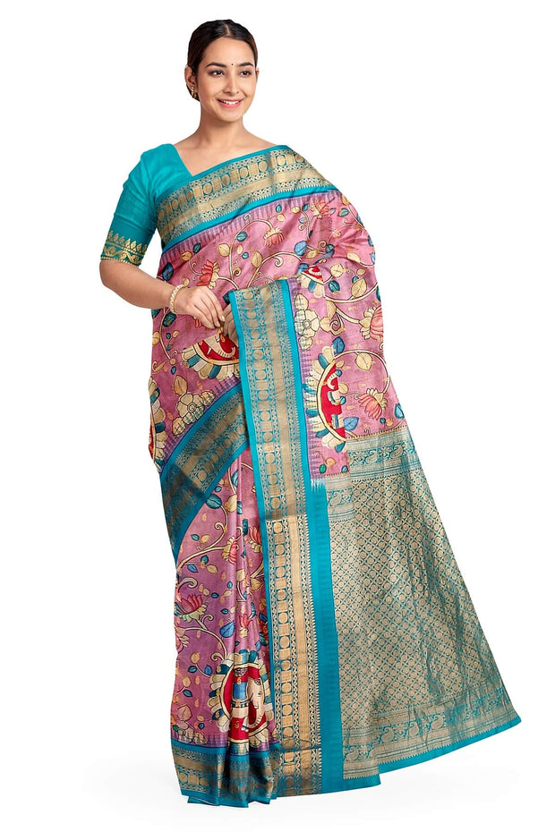 Gadwal  pure silk  floral printed  pink saree with lotus vines