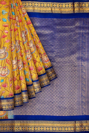 Gadwal pure silk printed pichwai design mustard saree with lotus vines & cows.