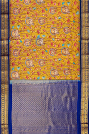 Gadwal pure silk printed pichwai design mustard saree with lotus vines & cows.