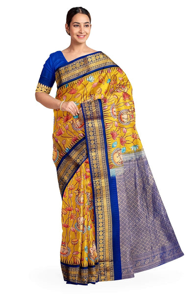 Gadwal pure silk printed pichwai design mustard saree with lotus vines & cows.