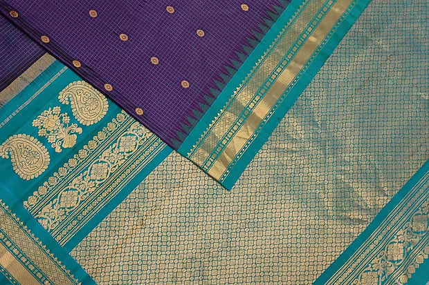 Handwoven Gadwal pure silk saree in fine checks in   violet