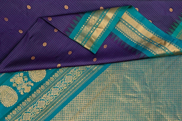 Handwoven Gadwal pure silk saree in fine checks in   violet