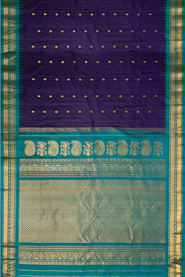 Handwoven Gadwal pure silk saree in fine checks in   violet