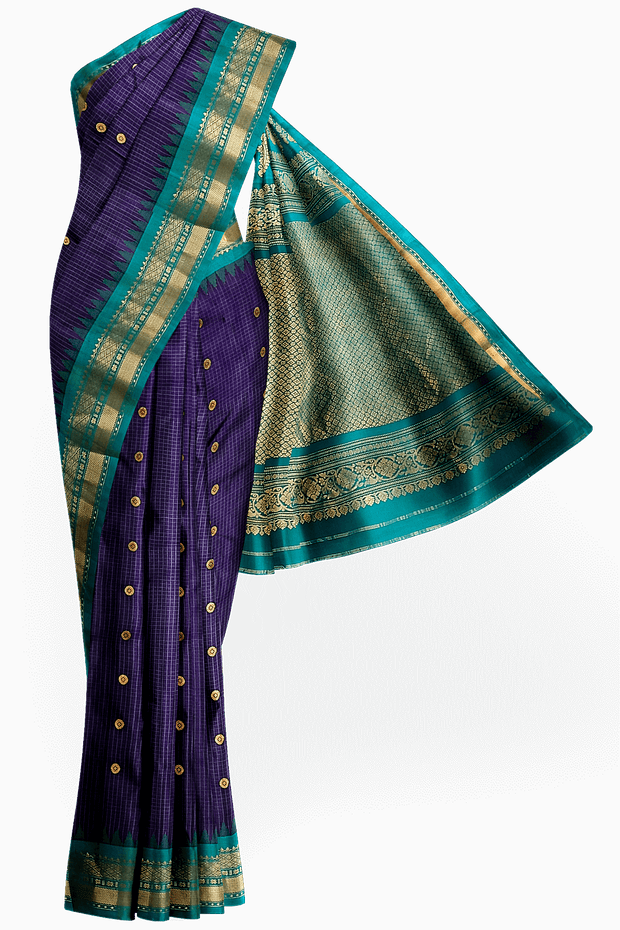 Handwoven Gadwal pure silk saree in fine checks in   violet