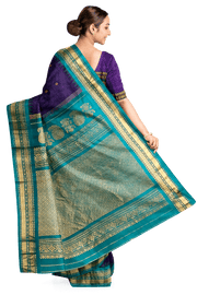 Handwoven Gadwal pure silk saree in fine checks in   violet