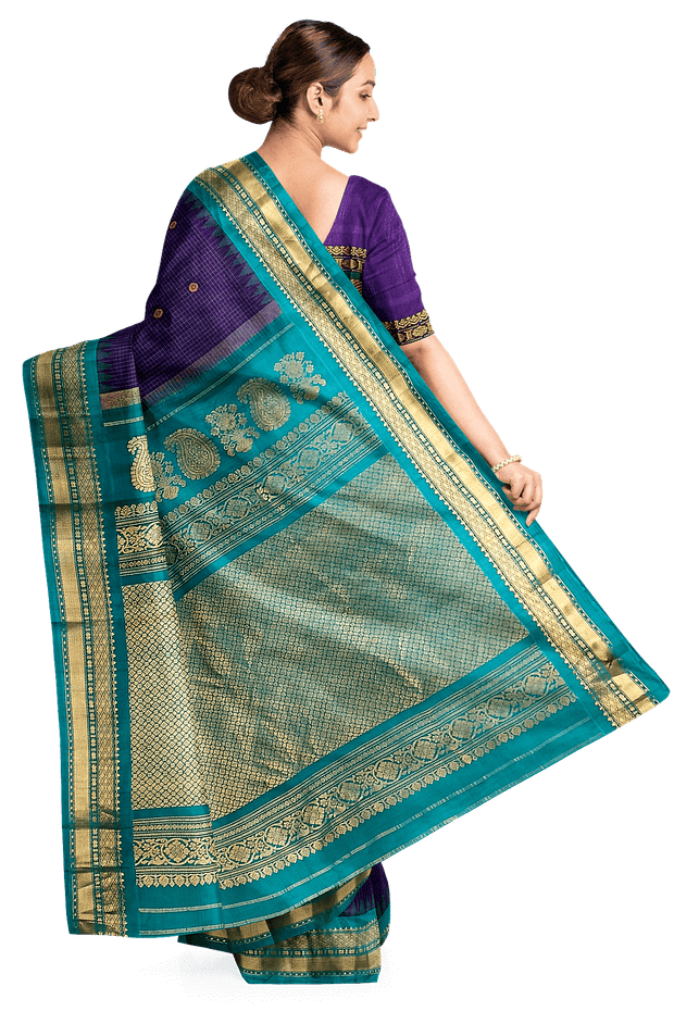 Handwoven Gadwal pure silk saree in fine checks in   violet