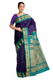 Handwoven Gadwal pure silk saree in fine checks in   violet