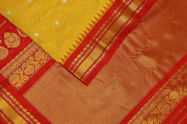 Handwoven Gadwal pure silk saree in fine checks in yellow