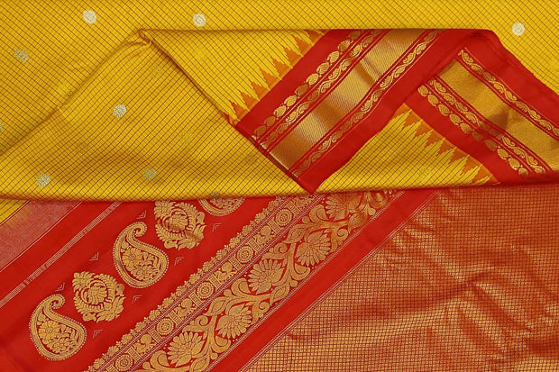 Handwoven Gadwal pure silk saree in fine checks in yellow