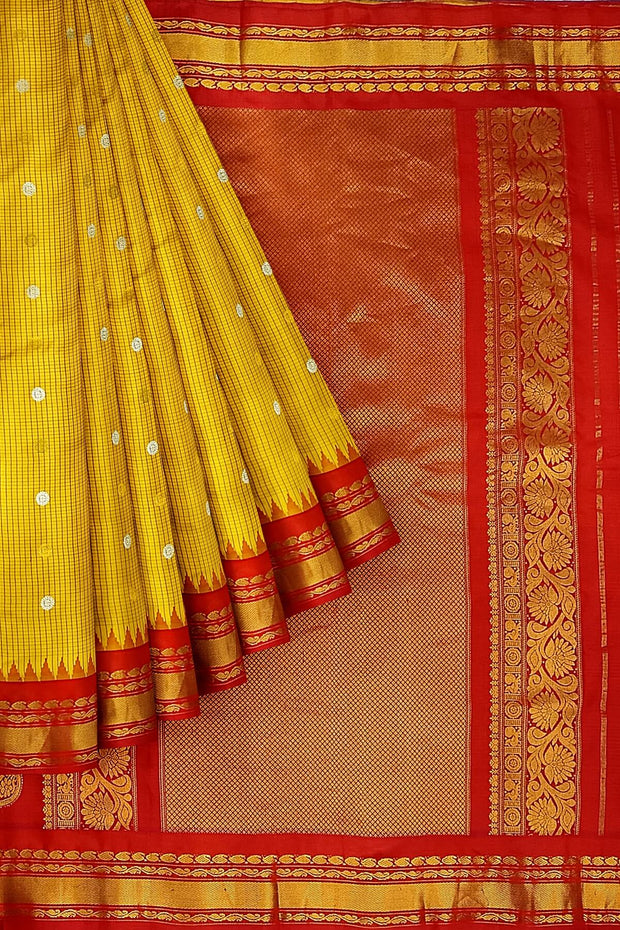 Handwoven Gadwal pure silk saree in fine checks in yellow