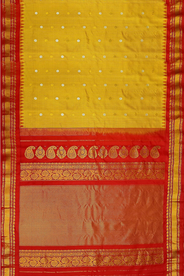 Handwoven Gadwal pure silk saree in fine checks in yellow