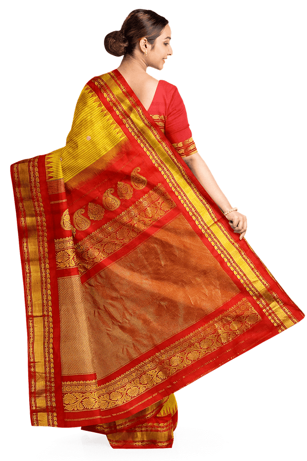 Handwoven Gadwal pure silk saree in fine checks in yellow