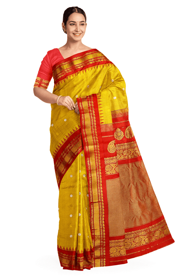 Handwoven Gadwal pure silk saree in fine checks in yellow