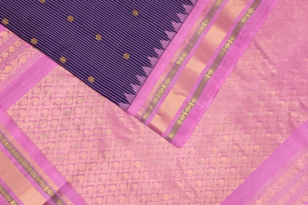 Handwoven Gadwal pure silk saree in fine checks in  violet  with small buttis