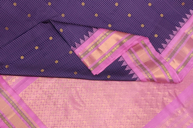 Handwoven Gadwal pure silk saree in fine checks in  violet  with small buttis