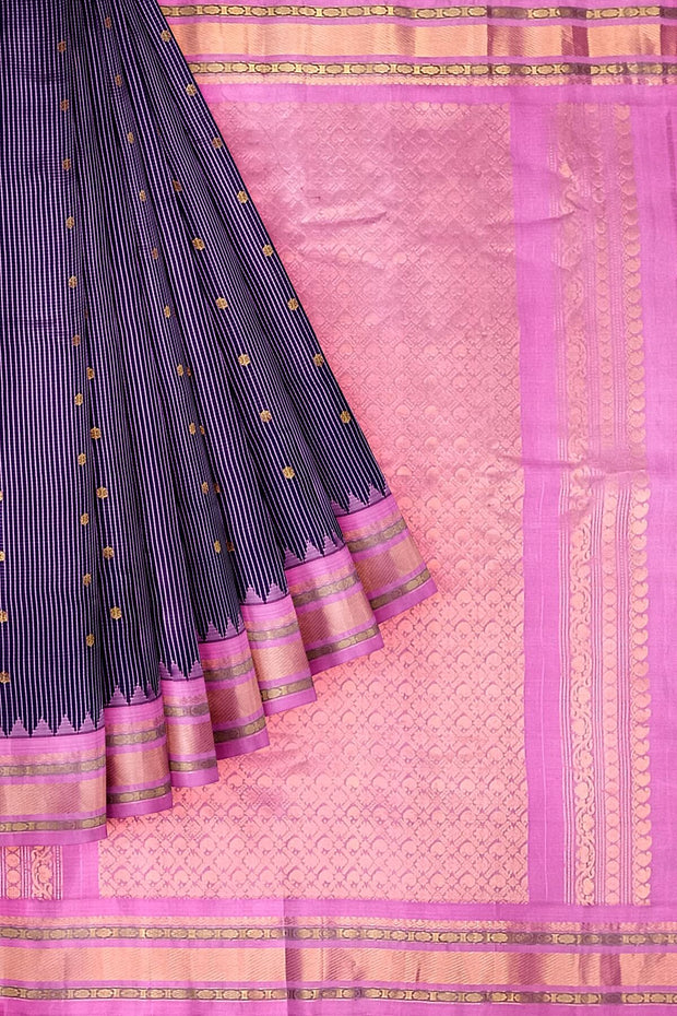 Handwoven Gadwal pure silk saree in fine checks in  violet  with small buttis