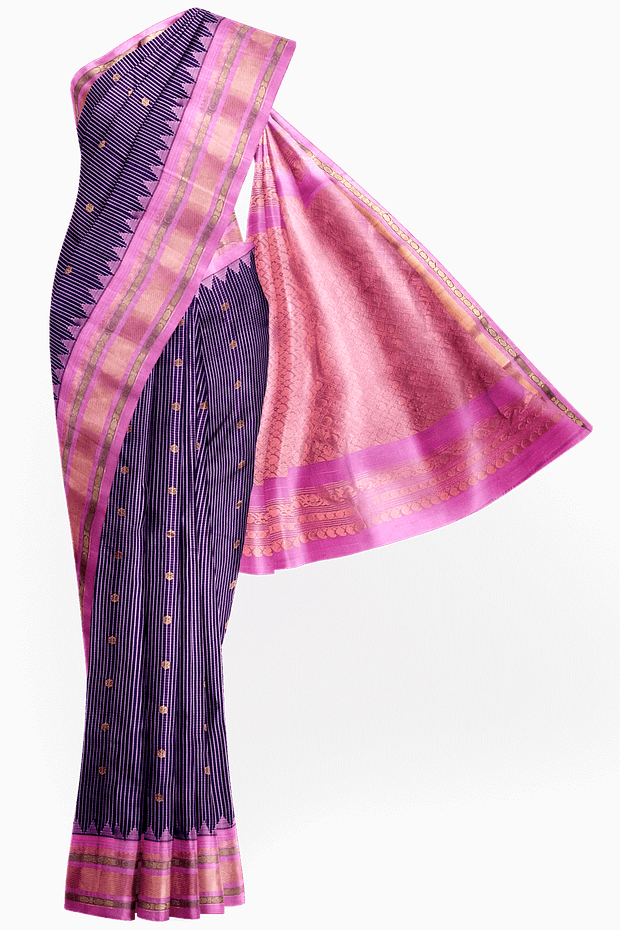 Handwoven Gadwal pure silk saree in fine checks in  violet  with small buttis