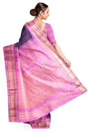 Handwoven Gadwal pure silk saree in fine checks in  violet  with small buttis