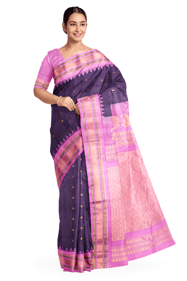 Handwoven Gadwal pure silk saree in fine checks in  violet  with small buttis