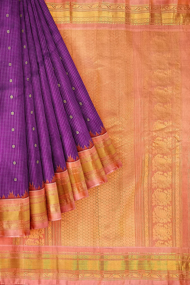 Handwoven Gadwal pure silk saree in fine checks in purple with small buttis