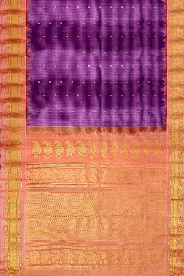 Handwoven Gadwal pure silk saree in fine checks in purple with small buttis