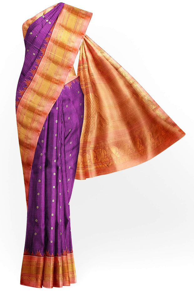 Handwoven Gadwal pure silk saree in fine checks in purple with small buttis