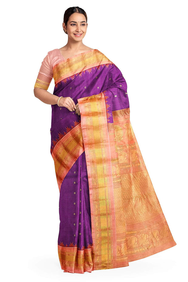 Handwoven Gadwal pure silk saree in fine checks in purple with small buttis