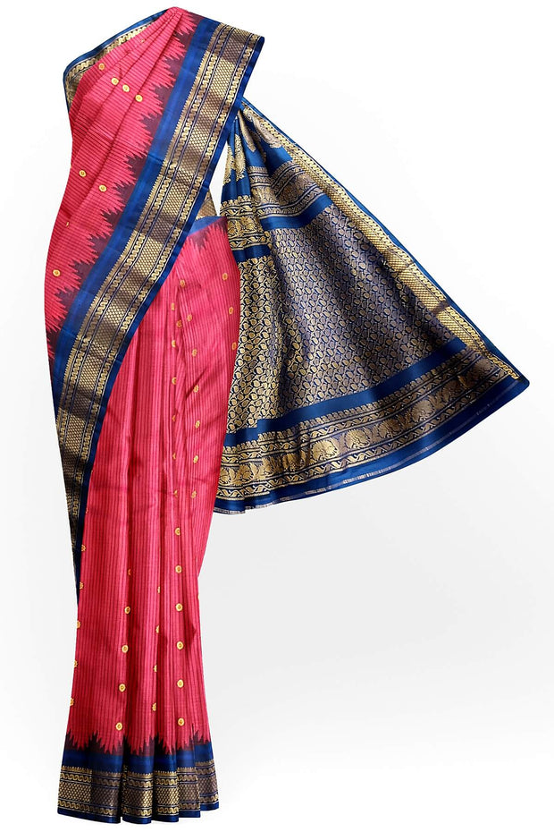 Handwoven Gadwal pure silk saree in fine checks in magenta with small buttis