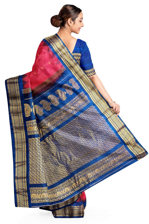 Handwoven Gadwal pure silk saree in fine checks in magenta with small buttis