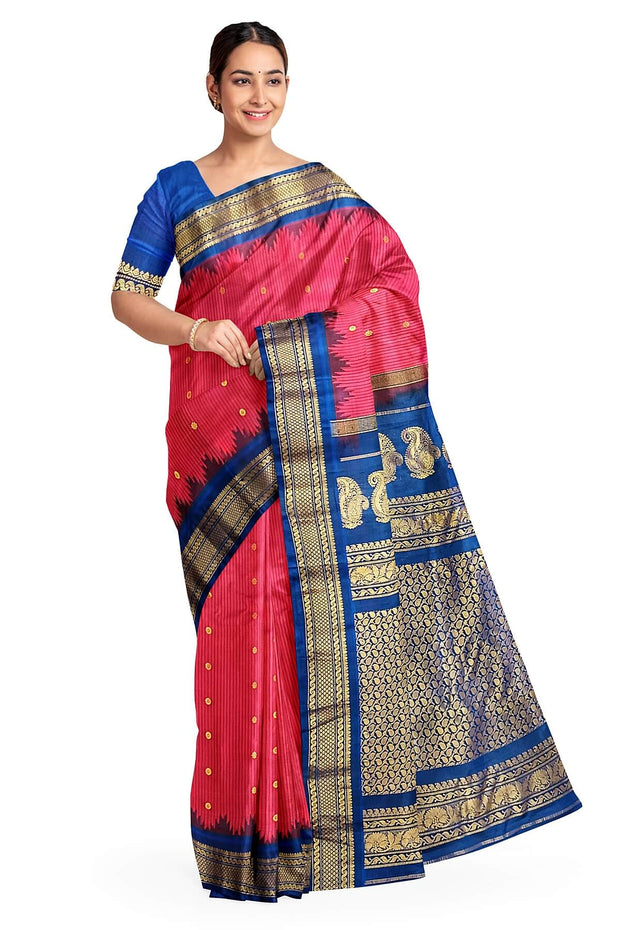 Handwoven Gadwal pure silk saree in fine checks in magenta with small buttis