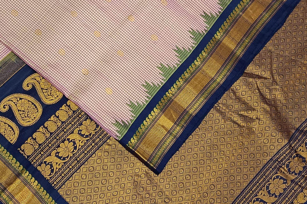 Handwoven Gadwal pure silk saree in fine checks in sandalwood colour with small buttis