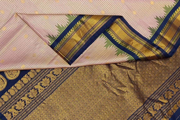 Handwoven Gadwal pure silk saree in fine checks in sandalwood colour with small buttis