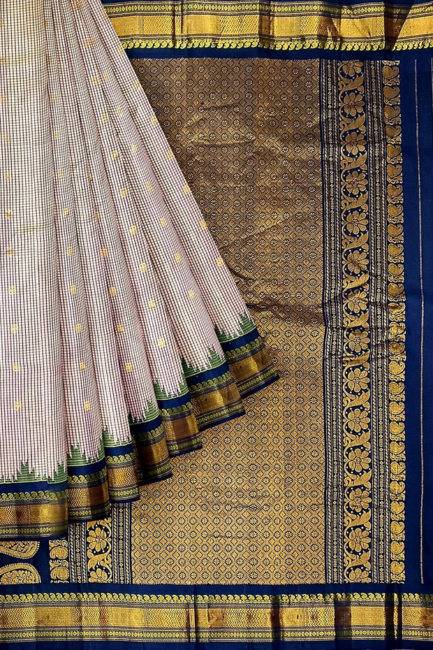 Handwoven Gadwal pure silk saree in fine checks in sandalwood colour with small buttis