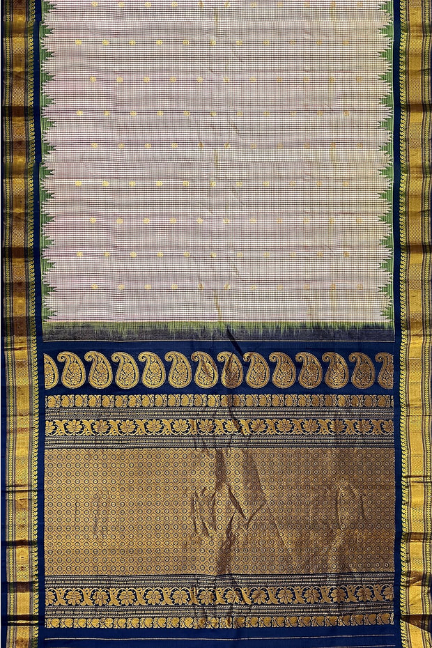 Handwoven Gadwal pure silk saree in fine checks in sandalwood colour with small buttis