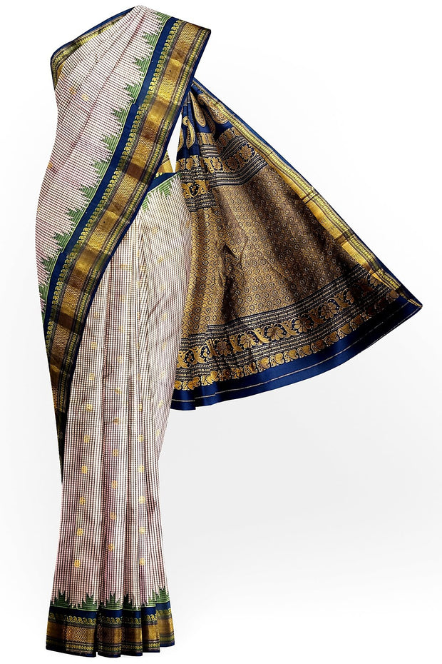 Handwoven Gadwal pure silk saree in fine checks in sandalwood colour with small buttis