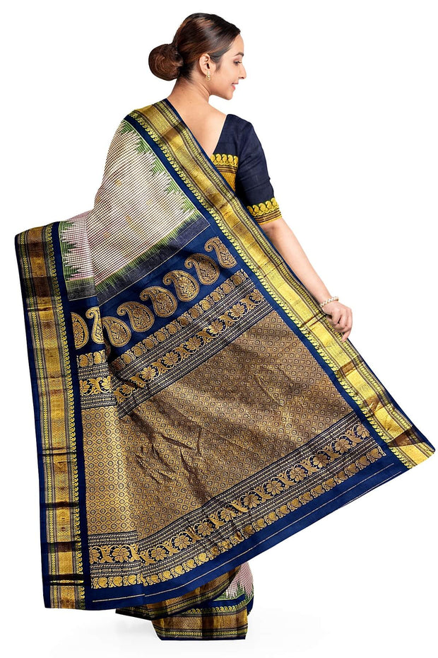 Handwoven Gadwal pure silk saree in fine checks in sandalwood colour with small buttis