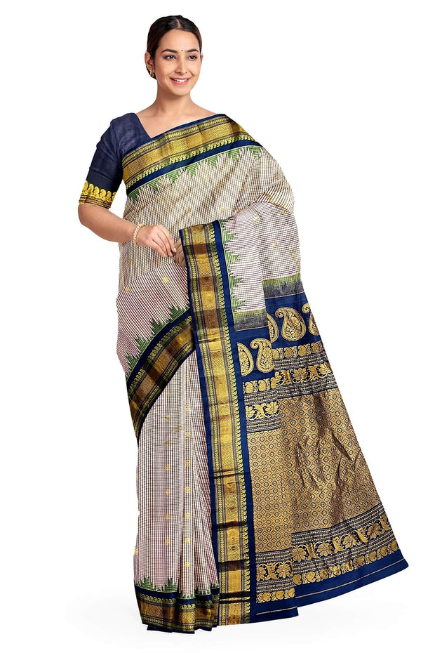 Handwoven Gadwal pure silk saree in fine checks in sandalwood colour with small buttis