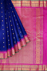 Handwoven Gadwal pure silk saree in royal blue with gold & silver buttis