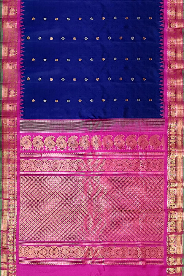 Handwoven Gadwal pure silk saree in royal blue with gold & silver buttis