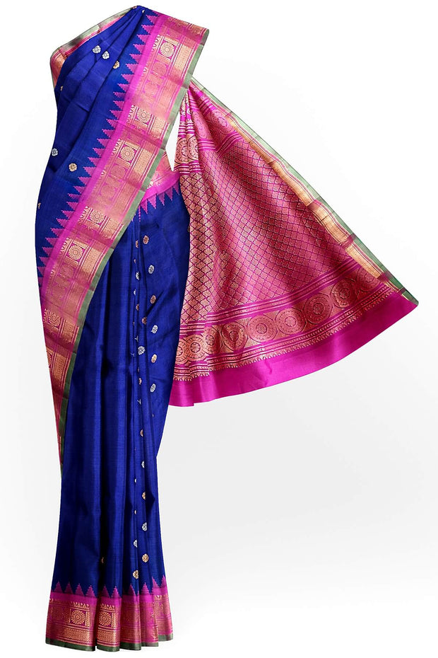 Handwoven Gadwal pure silk saree in royal blue with gold & silver buttis