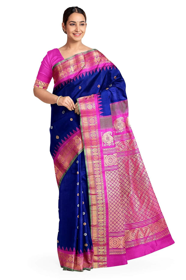 Handwoven Gadwal pure silk saree in royal blue with gold & silver buttis