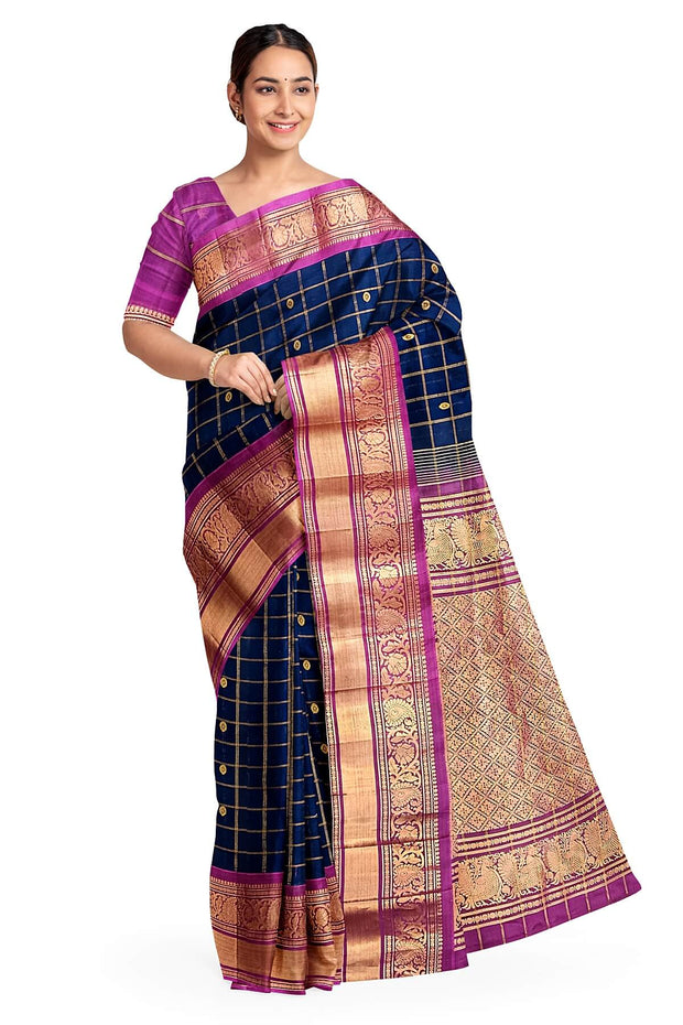 Handloom Gadwal SICO ( silk cotton) saree in navy blue