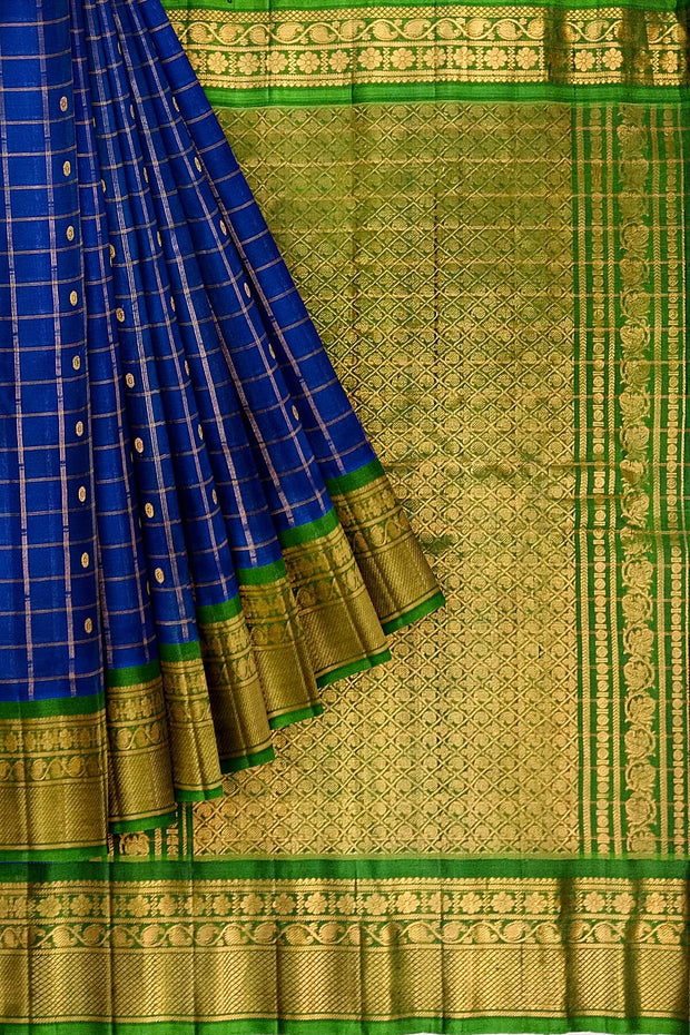 Handloom Gadwal SICO ( silk cotton) saree in royal blue  & green